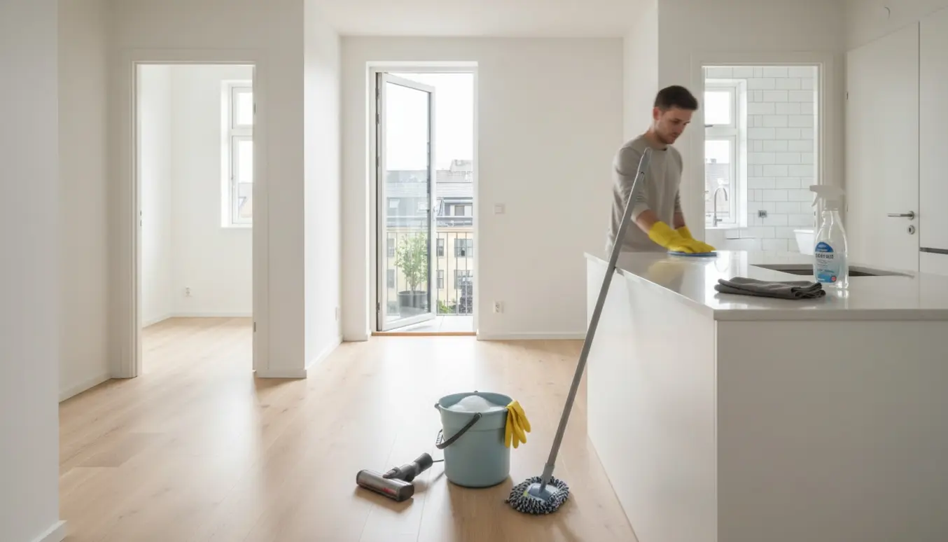 Lys, nyvasket lejlighed med rengøringsudstyr ved åben altandør.