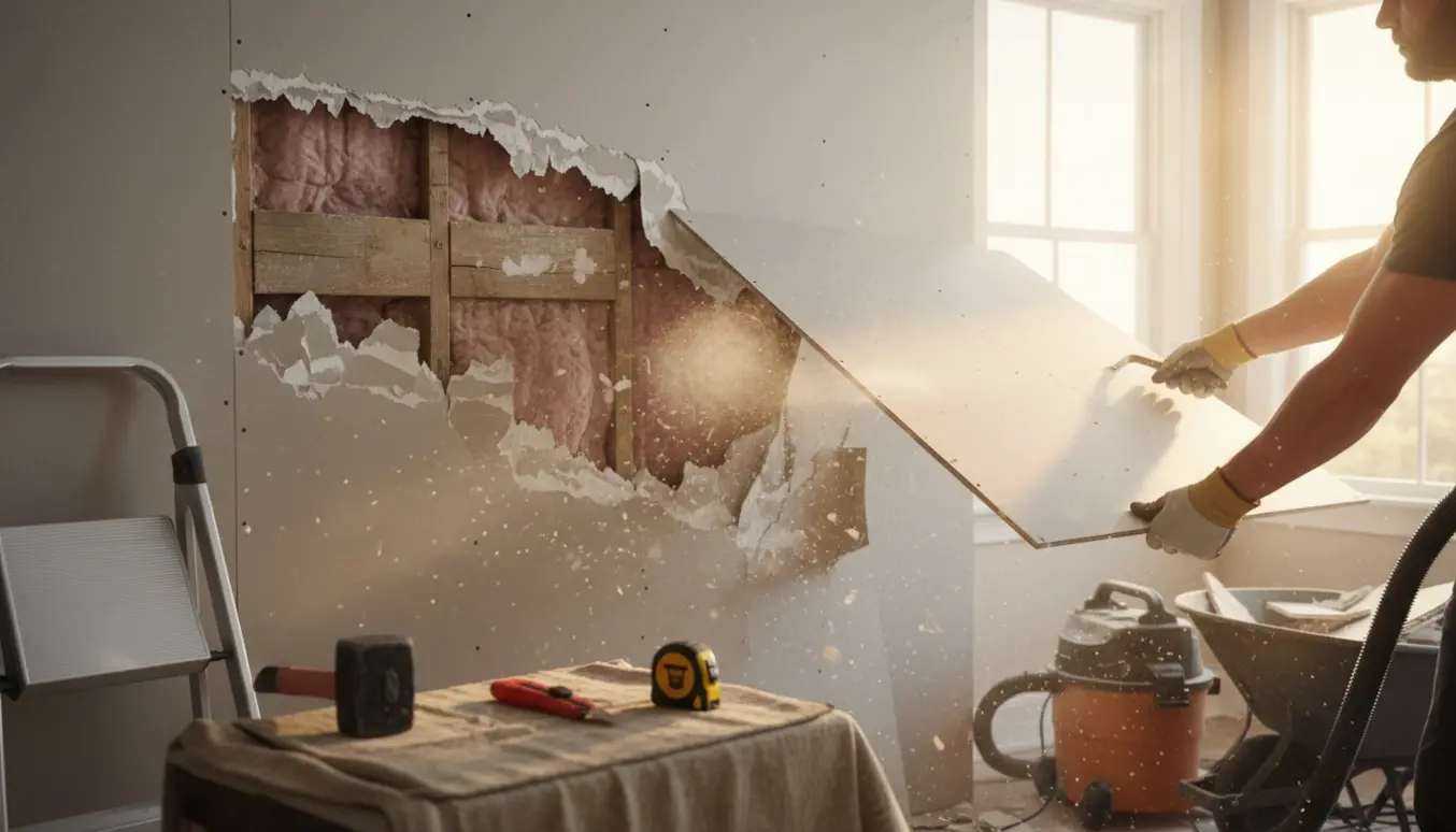 Delvist nedrevet gipsvæg under renovering med værktøj og støv i sollys.