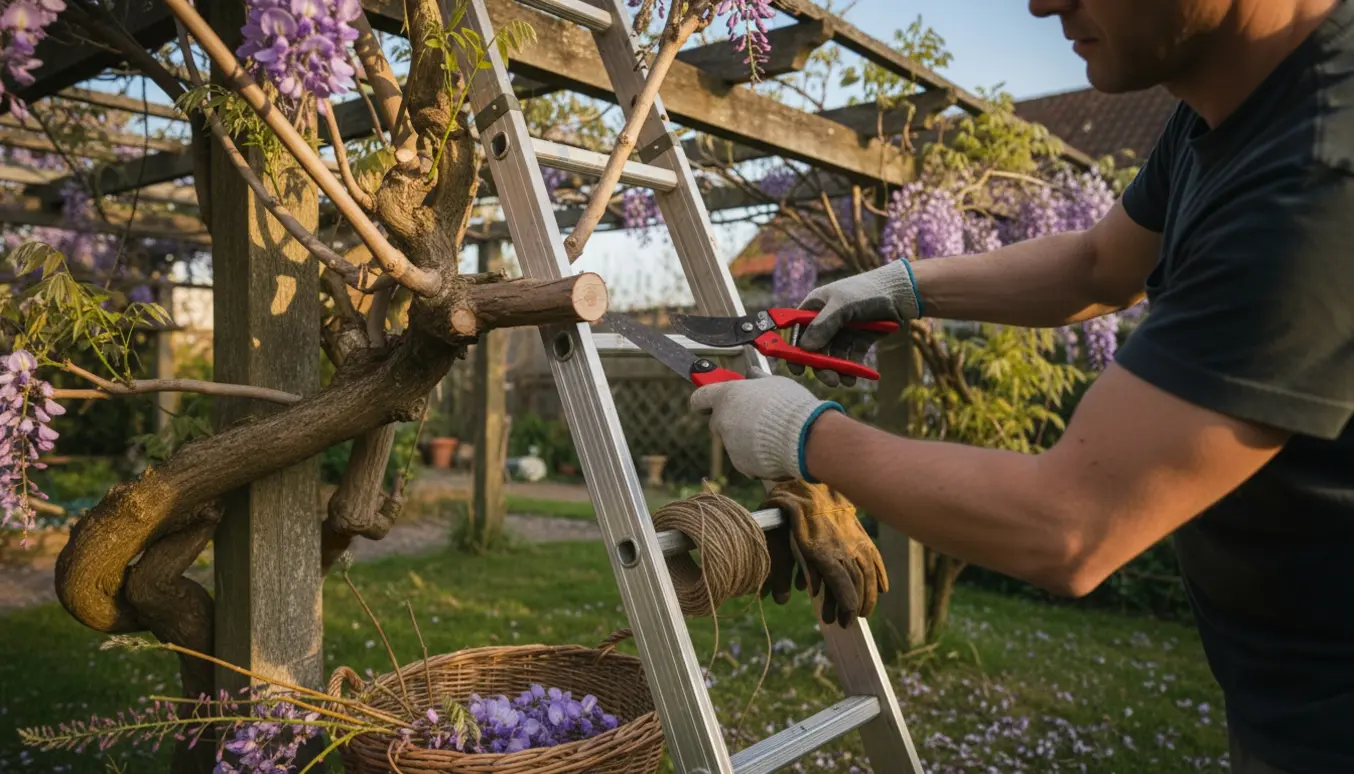 En person på stige beskærer toppen af en stor blåregn, med secateurs og en kurv til afklip nedenfor.