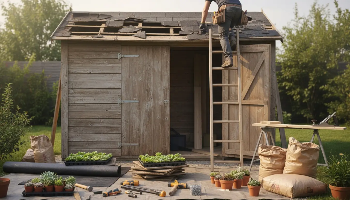 Haveskur med delvist fjernet tag, værktøj, tagpaprulle og sedummåtter klar til nyt tag.