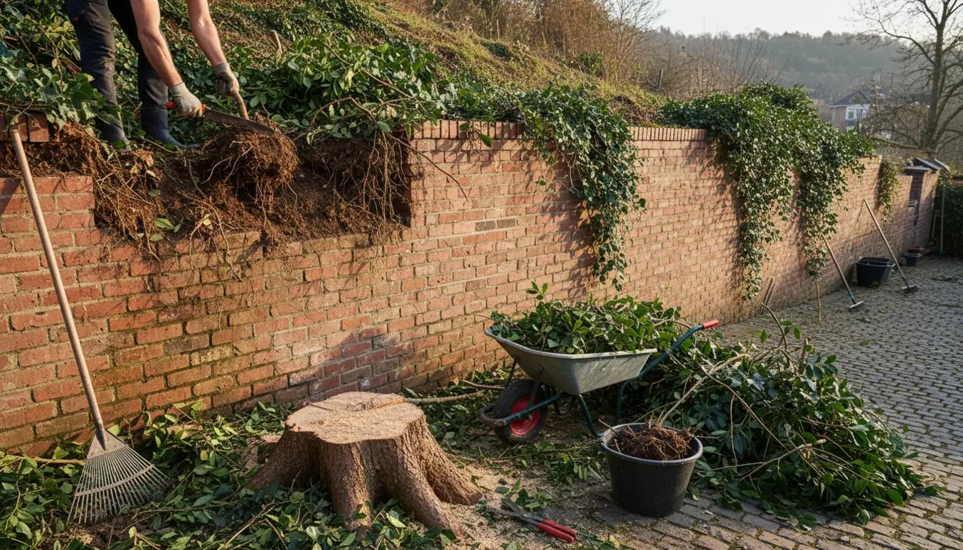 Udendørs foto af rødder og efeu på en mur og en delvist fældet laurbærbusk med værktøj og afskårne grene i forgrunden.