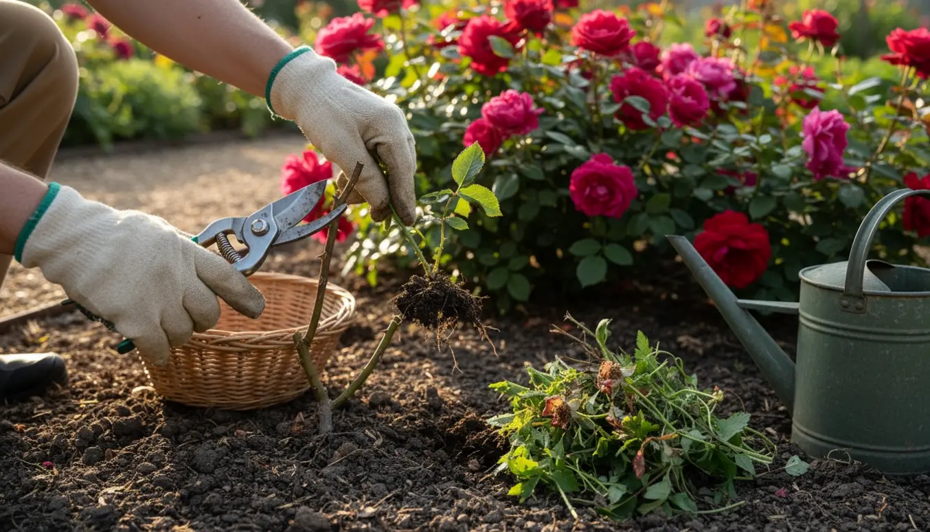 Hænder i handsker trækker ukrudt og klipper roser i en solbeskinnet have.