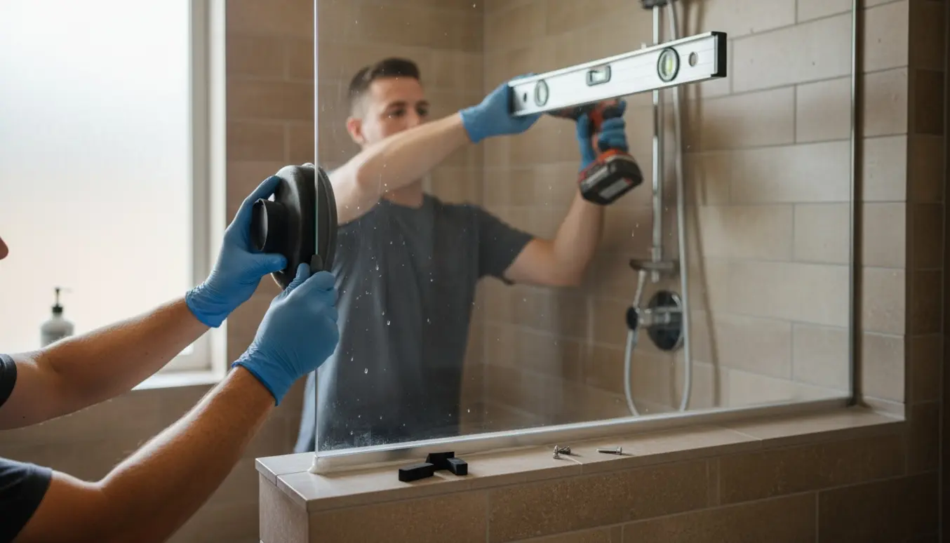 Hænder monterer en glasbrusevæg i et moderne flisebadeværelse med sugekop, monteringsprofil og fugepistol.