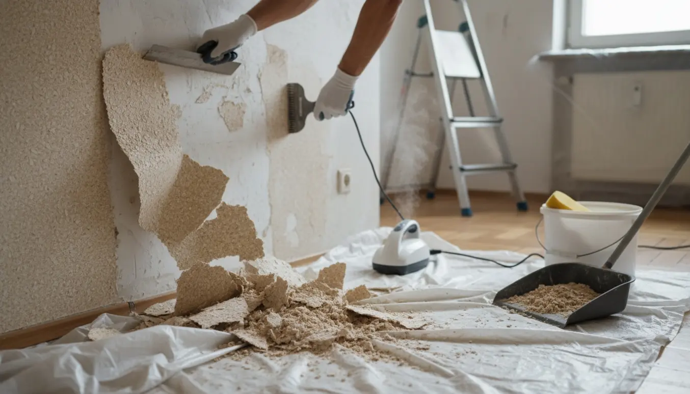 Hænder skraber savsmuldstapet af en delvist afskallet væg i en lejlighed med afdækningslagen og værktøj i forgrunden.