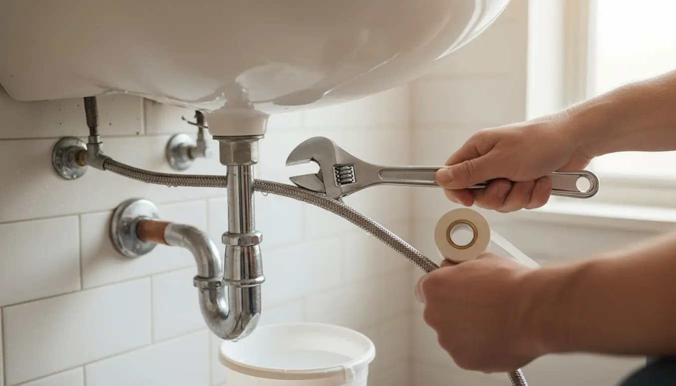 Nærbillede af hænder, der tilslutter koldt og varmt vand fra kobberrør til nye flex-slanger ved en håndvask.