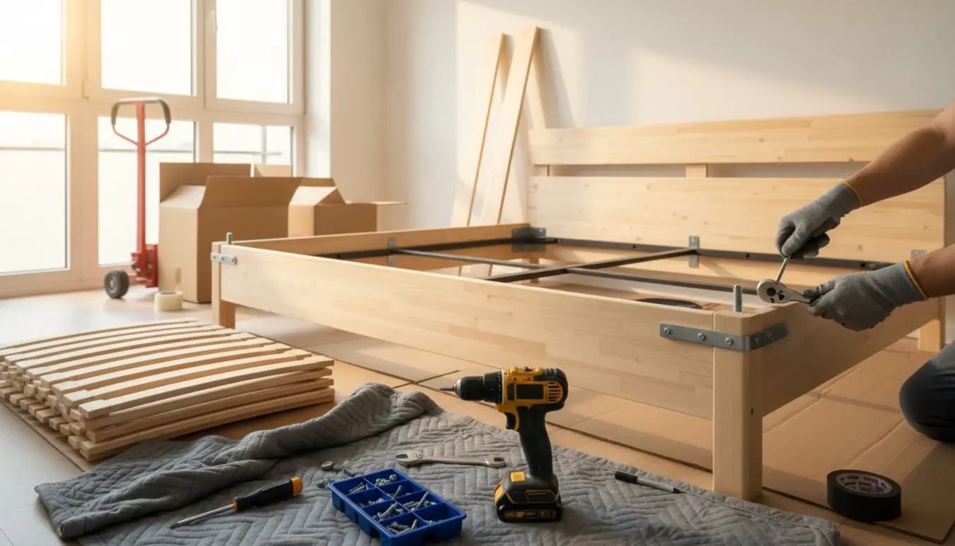 Hænder adskiller en 140x200 skandinavisk seng i en lys lejlighed med flyttekasser og værktøj.