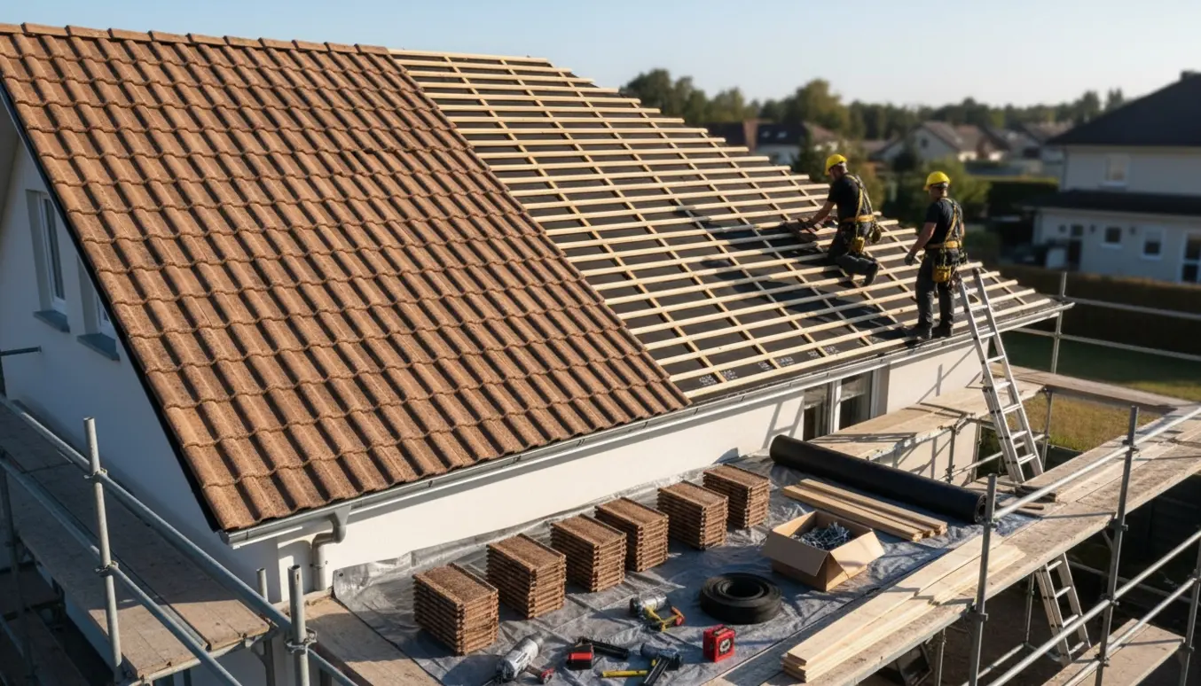 Nyt tag under installation med stakke af tagmaterialer og håndværkere, ansigter ikke synlige.