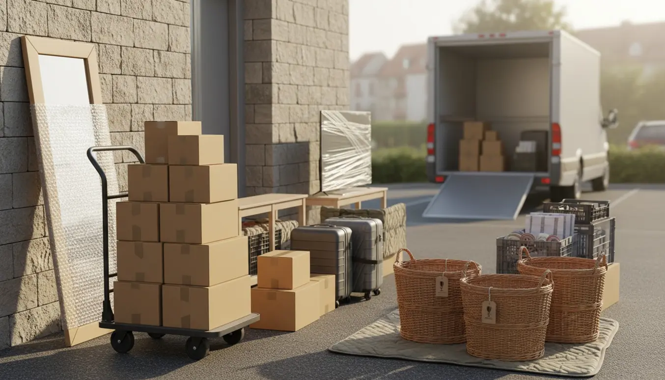 Flyttesituation ved en lejlighedsindgang med flyttekasser, kurve, møbler og indpakkede genstande ved få trin.