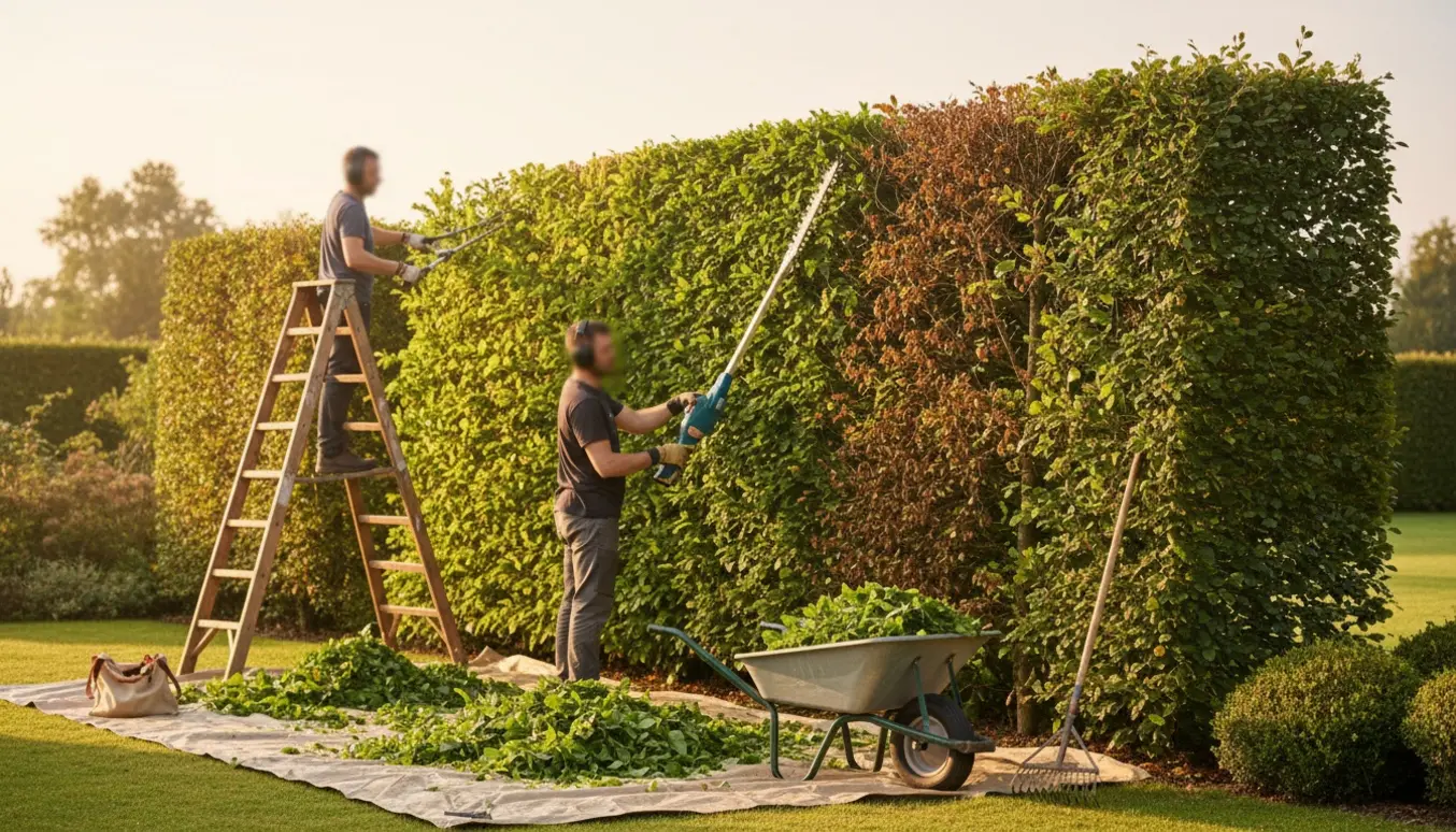 En person beskærer ydersiden og halvdelen af toppen af en lang bøgehæk med en elektrisk hækklipper, afklip samlet i en trillebør.