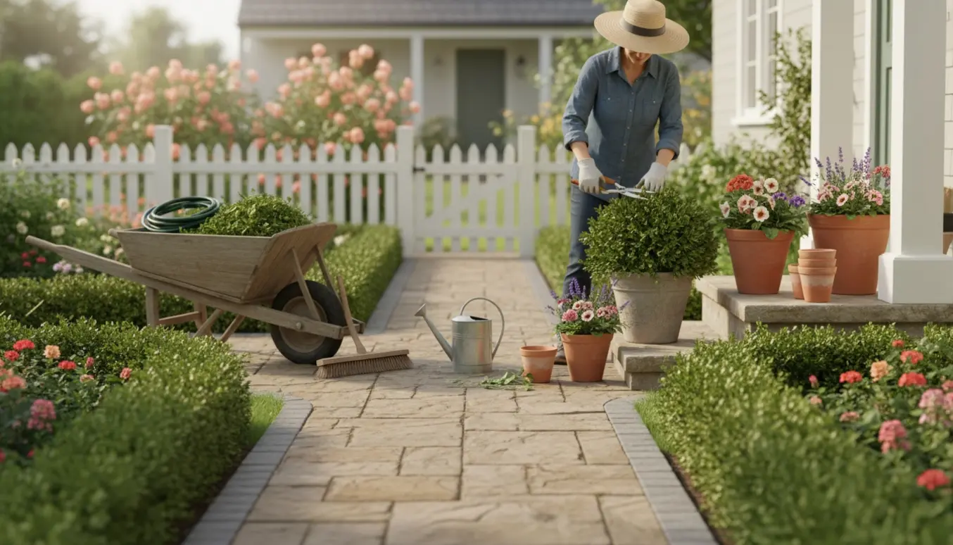 Lille forhave med nyskårne buske, rene fliser og haveværktøj klar til sommer.
