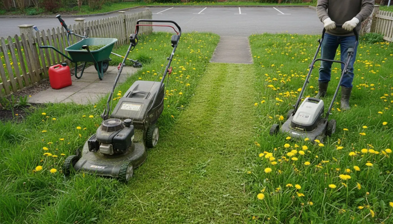 En mindre have på ca. 15x15 m, hvor en kraftig plæneklipper laver en stribe gennem højt græs med mælkebøtter, og en el-plæneklipper står ubrugt ved siden af.