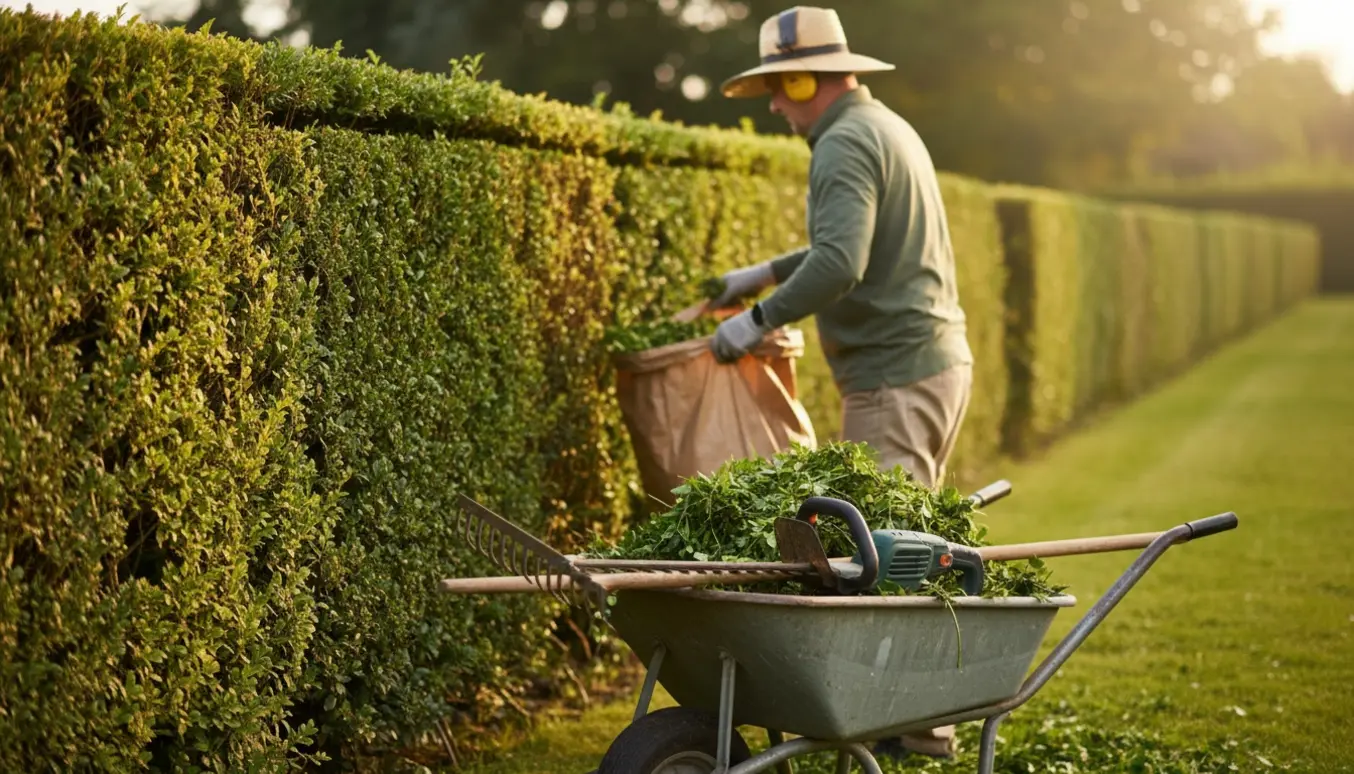 En person trimmer en lang forstadshæk, mens friske afklip samles i en trillebør klar til bortkørsel.