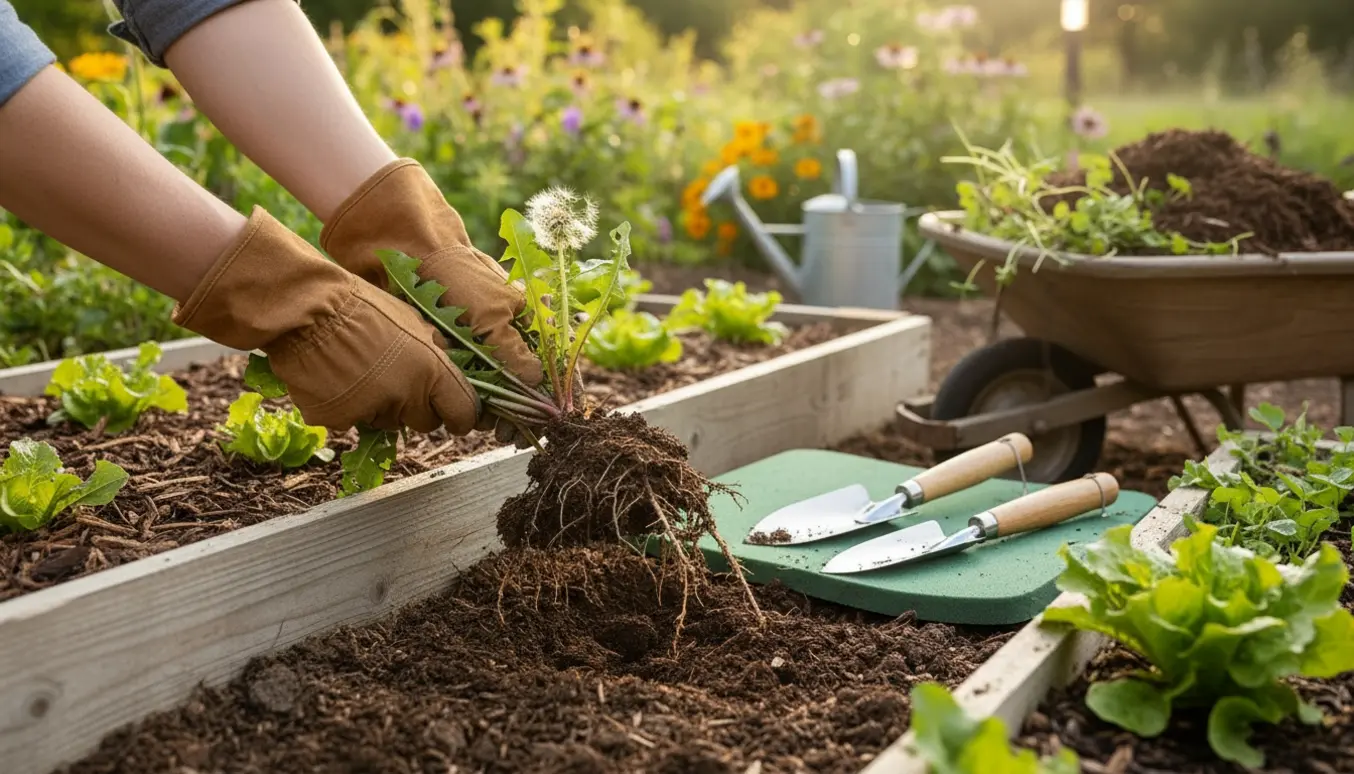 Nærbillede af handske-beklædte hænder, der trækker ukrudt op af jorden i en velplejet køkkenhave.