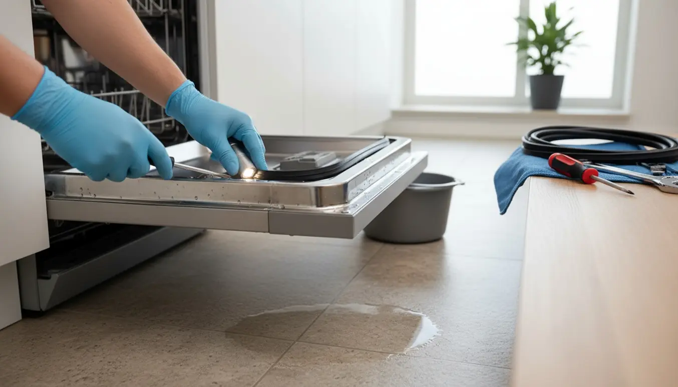 En håndværker undersøger en opvaskemaskines dørpakning over en lille vandpøl i et lyst køkken med værktøj og klude ved siden af.