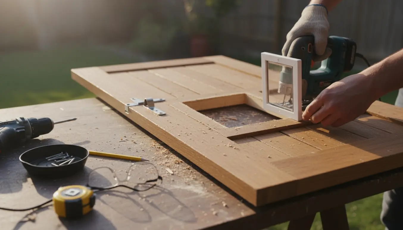 Nærbillede af montering af kattelem i en trædør til et skur med værktøj og træspåner.