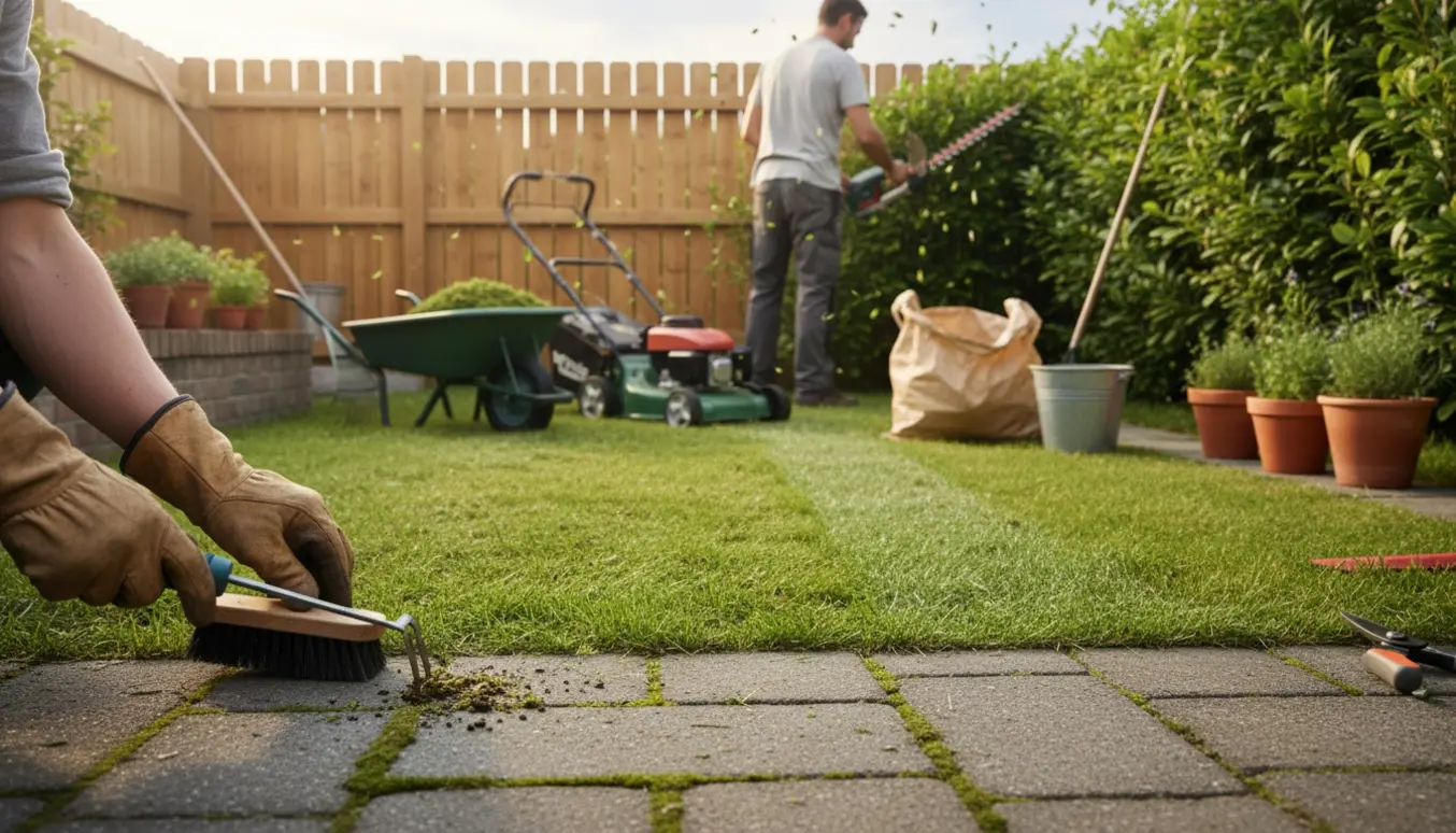 Lille have på ca. 30 m² med græsslåning, hækklipning og fjernelse af ukrudt mellem fliser.
