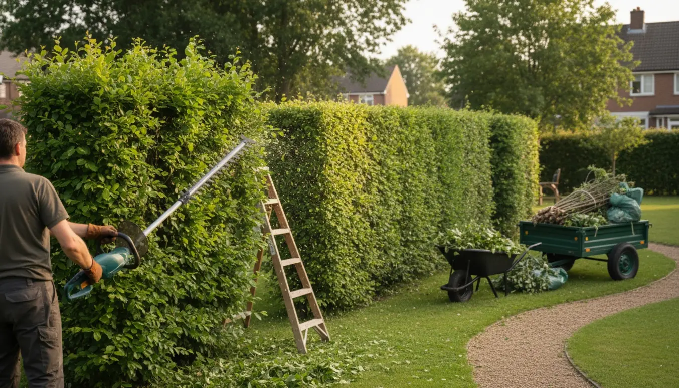 Gartner trimmer en høj bøgehæk på en solrig dag, mens afklip samles i trillebør og trailer.