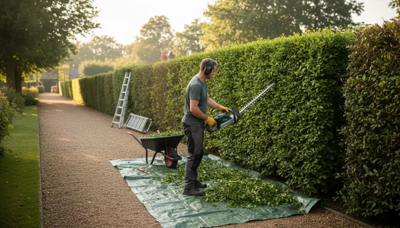 Lang hæk i forhaven, set bagfra mens en person klipper den med en hækkeklipper, og friske afklip ligger samlet på en presenning.