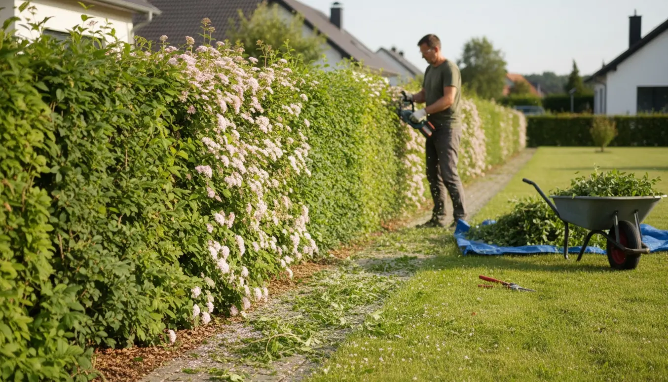 En gartner klipper en lang spirea-hæk set bagfra med hækkeklipper, afklip i trillebør og to nyskarte hækflader.