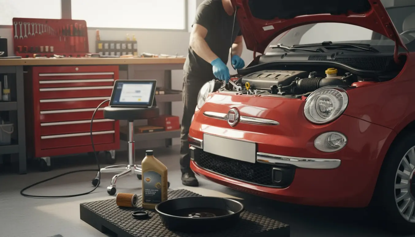 Mekaniker udfører årligt serviceeftersyn på en lille bybil med motorhjelmen åben i et lyst værksted.