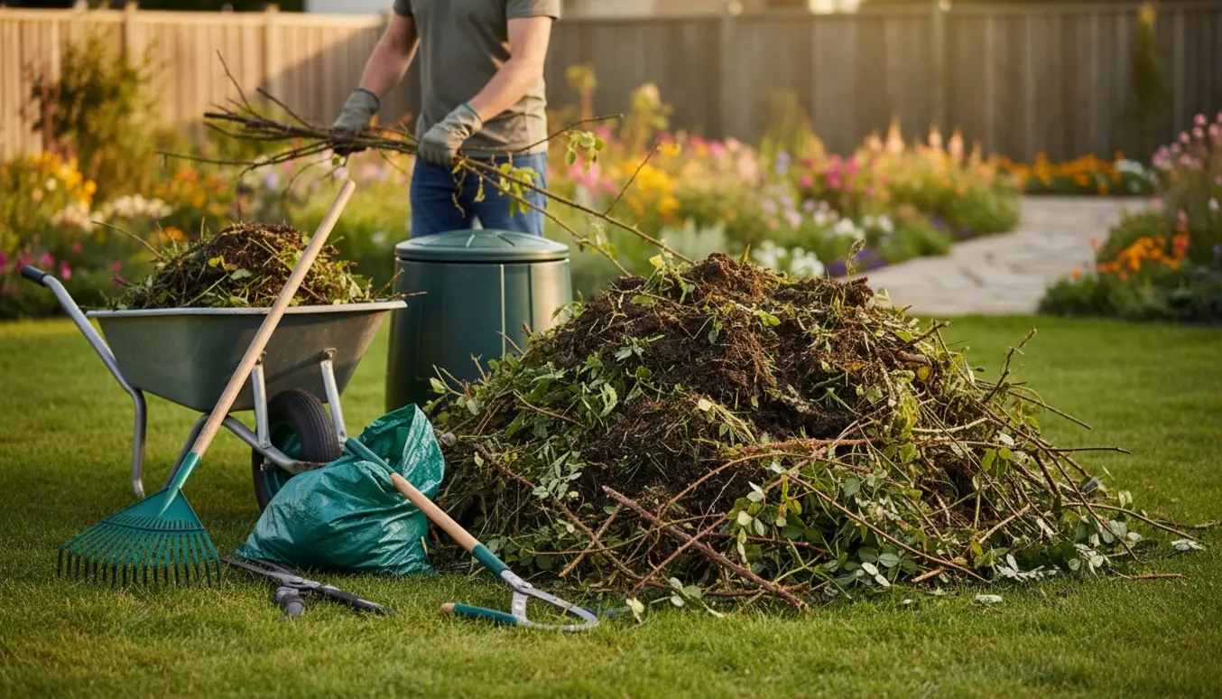 En person læsser en trillebør med en bunke haveaffald bestående af græs, grene og torne.