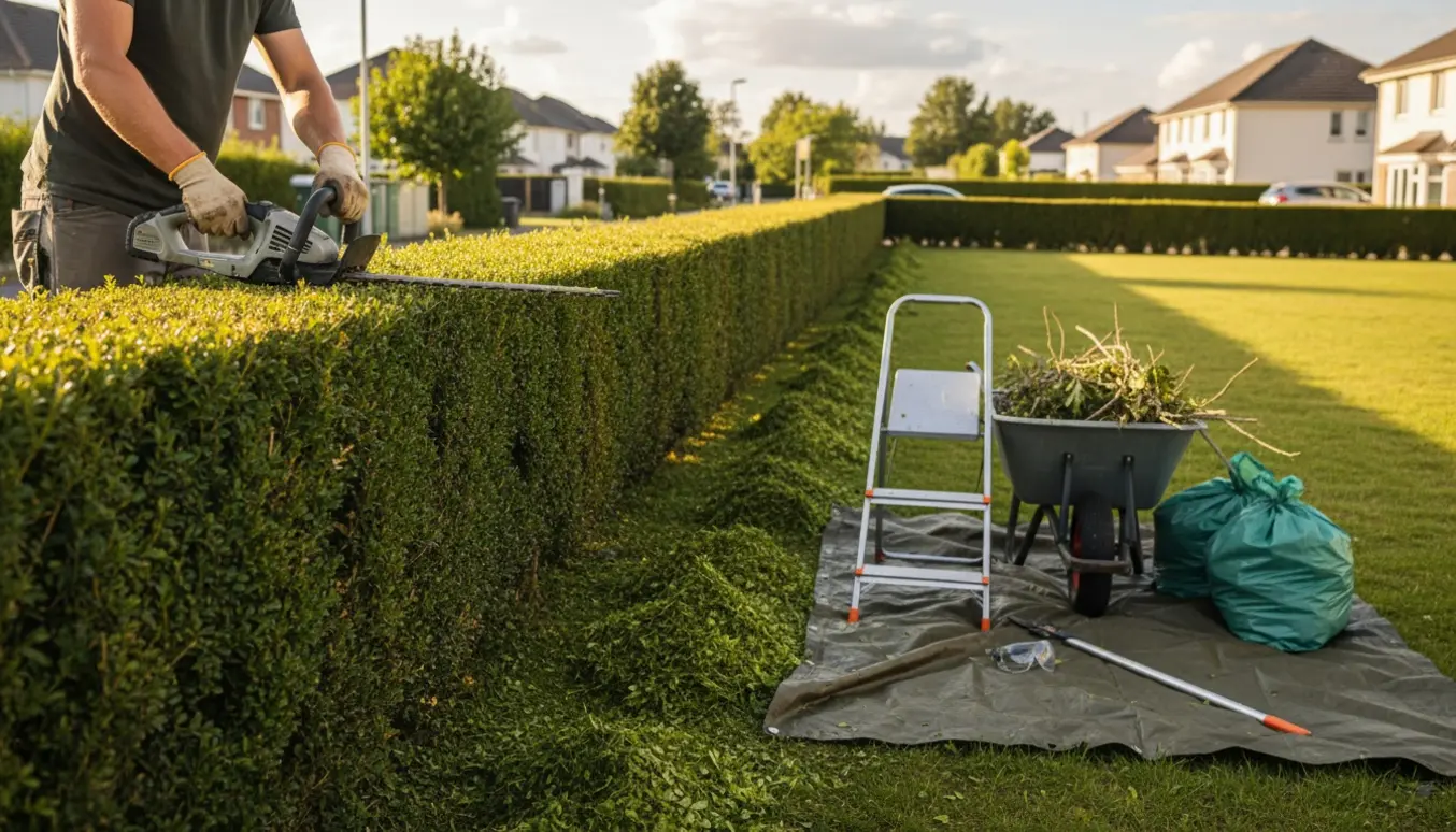 En nyslået hæk langs en ejendom med værktøj og en arbejdende person set bagfra.