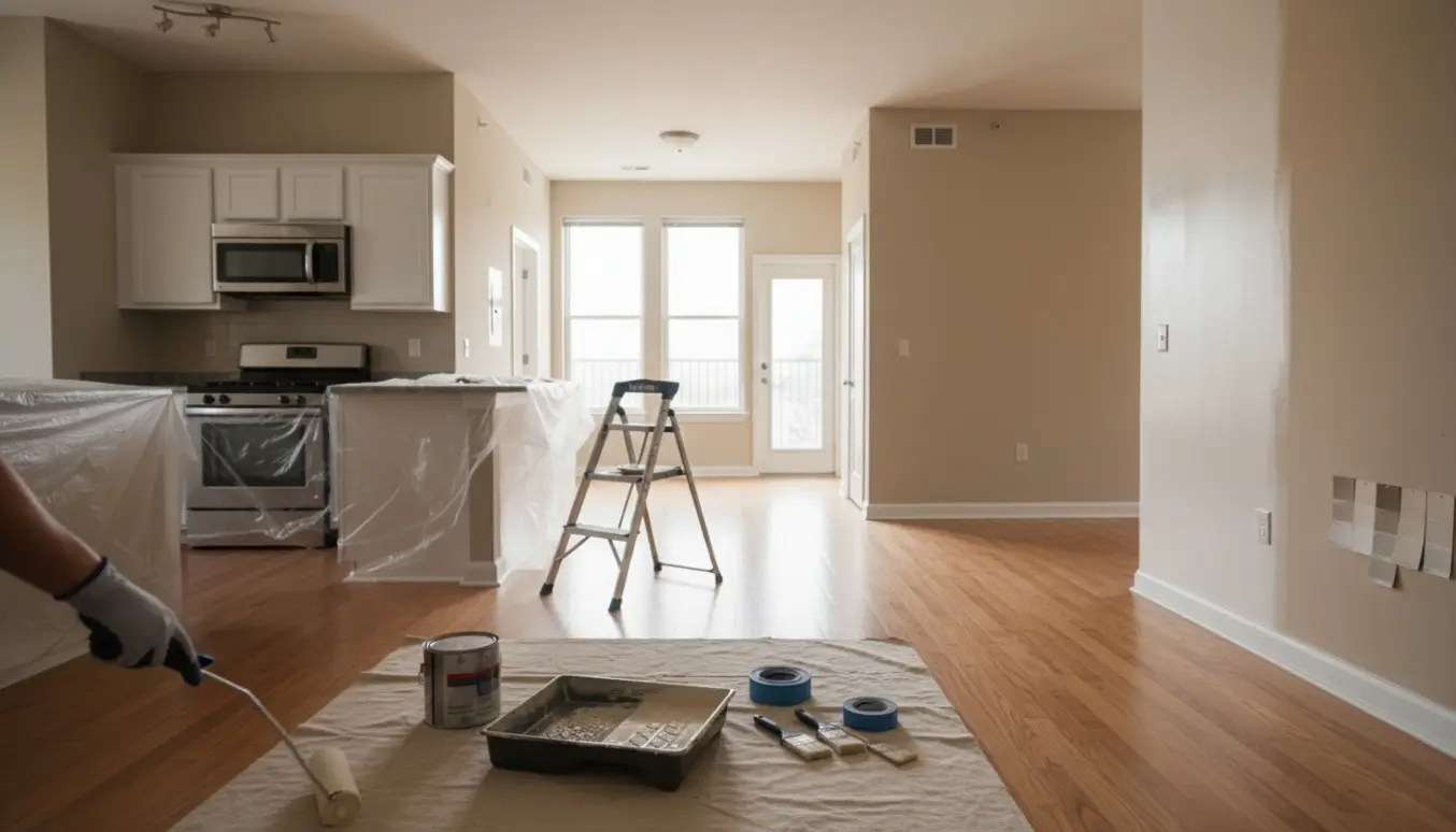 Lejlighed under maling med malerudstyr, afdækning og delvist nymalede vægge i naturligt dagslys.