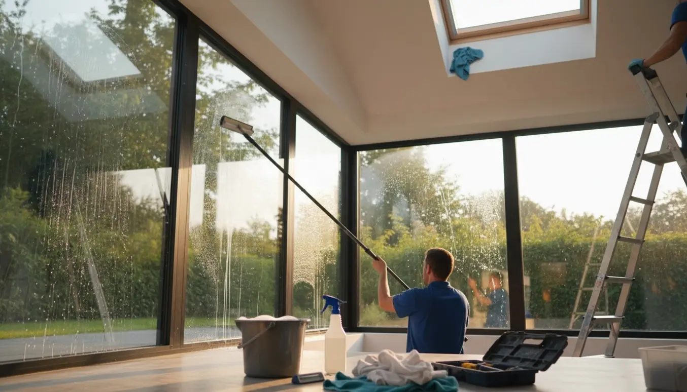 Person pudser dobbeltruder og Velux-loftsvinduer med forlængerskaft og stige.