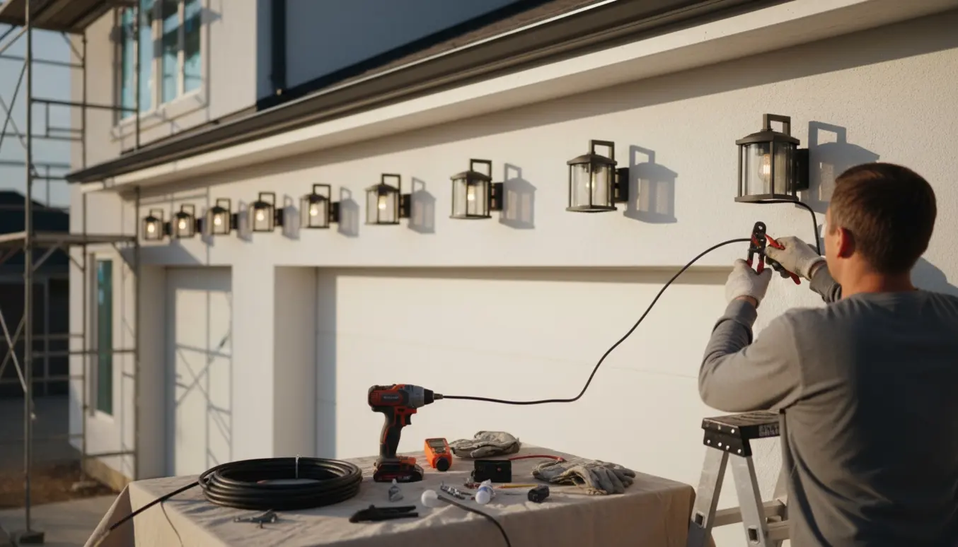 Elektriker monterer og tilslutter udendørslamper på et nybygget hus, værktøj og kabler i forgrunden.