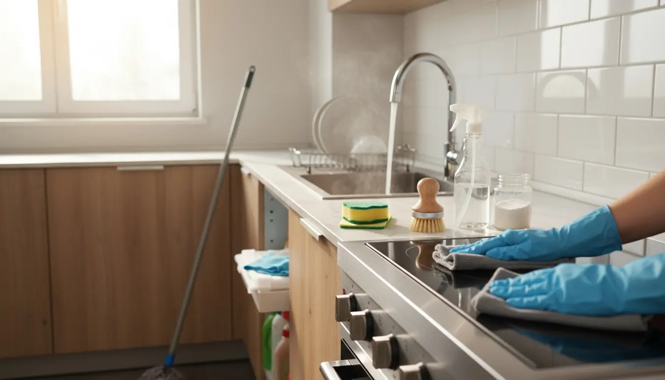 Handskerede hænder tørrer et skinnende komfur i et solbelyst køkken med rengøringsmidler og opvask på tørrestativet.