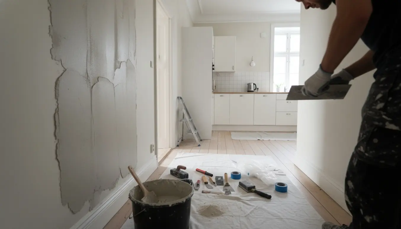 Håndværker glatter frisk puds på væg i entré ved køkken i en typisk københavnerlejlighed med værktøj og afdækning synligt.