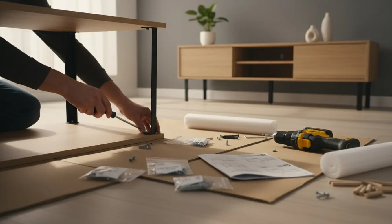 Hænder samler et moderne træskænk og matchende tv-bord i en lys stue.