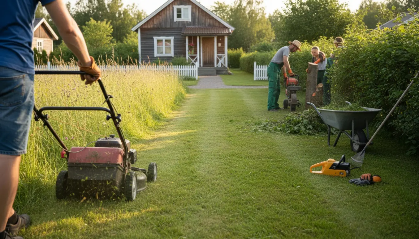 Delvis nyslået græs ved et sommerhus med en slåmaskine i gang og en stubfræser ved et beskåret ahornhegn.
