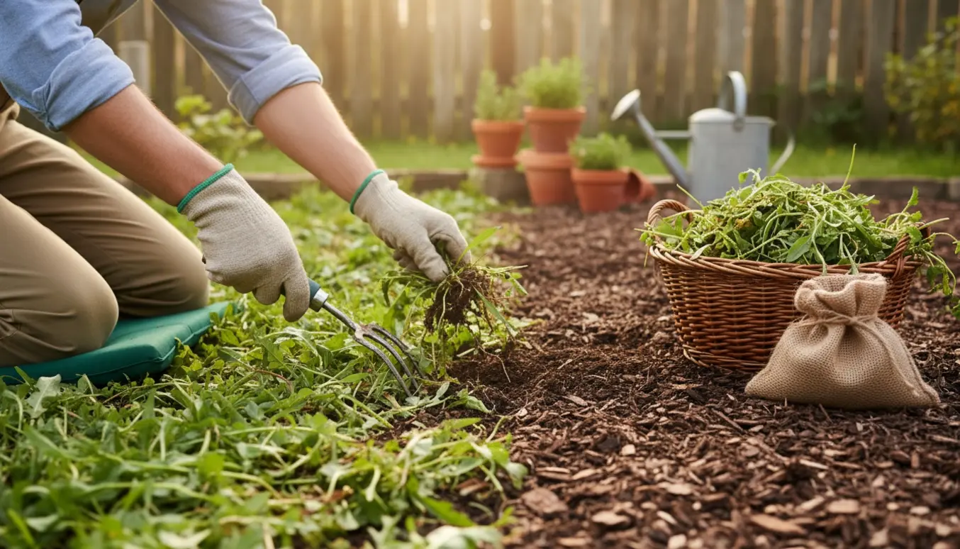 Havemand luger ukrudt i en privat have med handsker, håndredskab og en lille bunke ukrudt i morgensol.