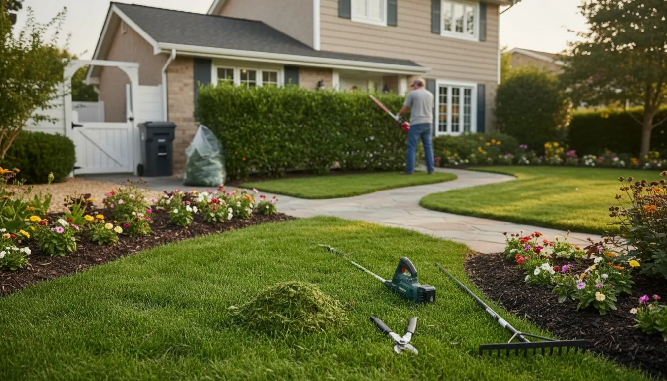 Nypudset græsplæne og nyklippet hæk ved husets have med haveredskaber og affaldsbeholder i baggrunden.