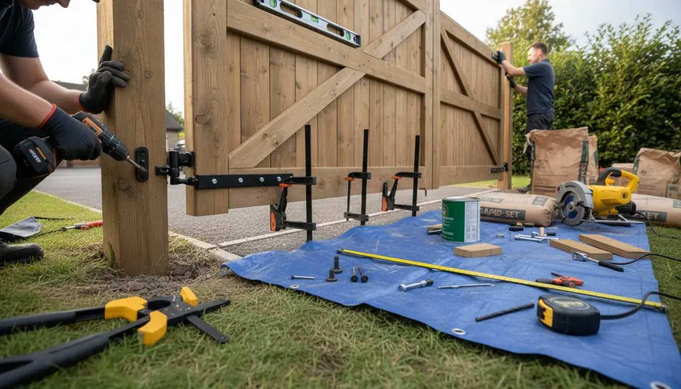 Dobbelte trælåger ved en indkørsel under opsætning med værktøj og solide hængsler.