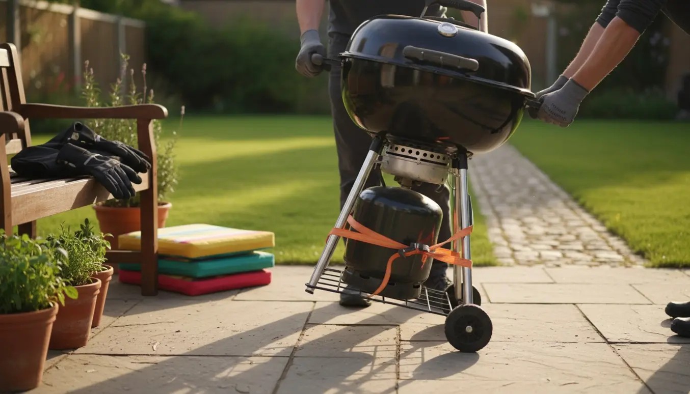 En havegrill på en håndtralle flyttes over en solbeskinnet terrasse, omgivet af handsker og potteplanter.