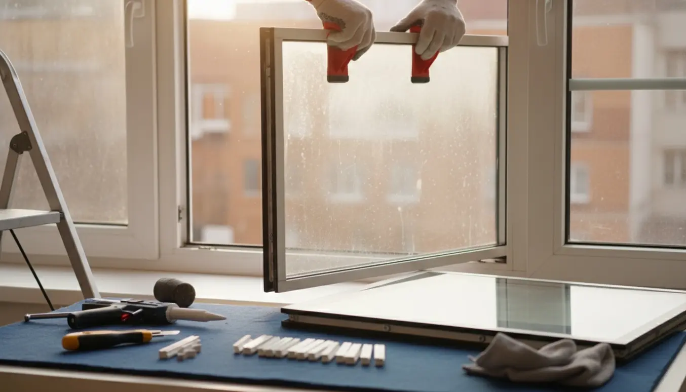 Hænder med sugekopper fjerner en tåget termorude fra en hvid vinduesramme, klar dobbeltrude og værktøj ved siden af.