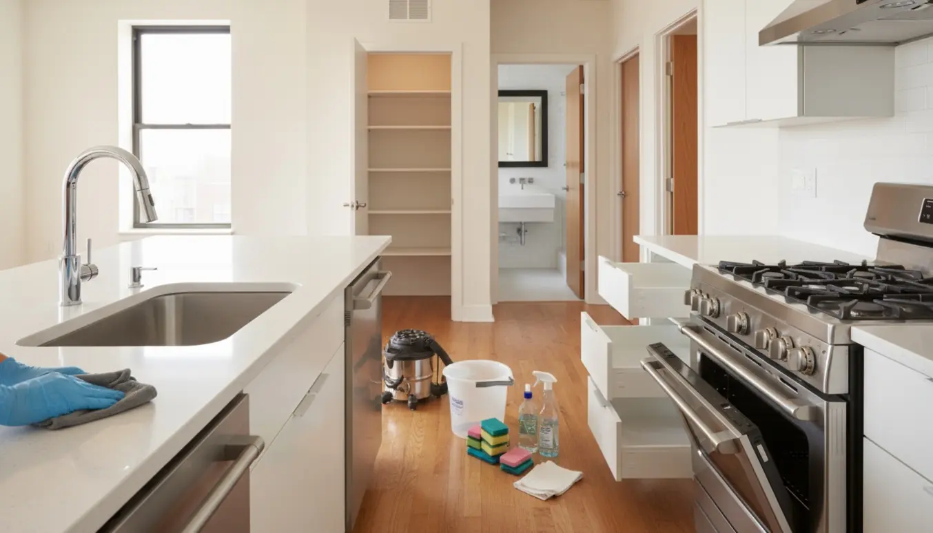 Soloplyst lejlighed efter grundig flytterengøring med skinnende ovn, rene overflader og rengøringsudstyr.