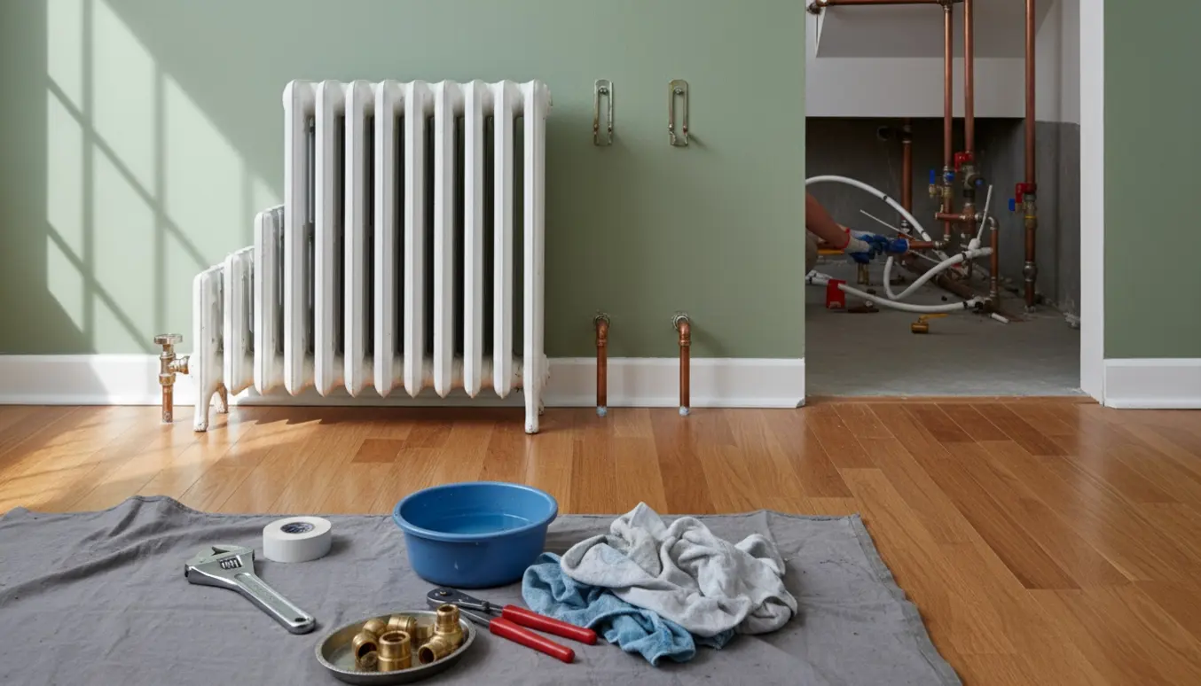 Fjernet radiator i stuen med værktøj i forgrunden og håndværkerhænder, der arbejder på rør i kælderen.