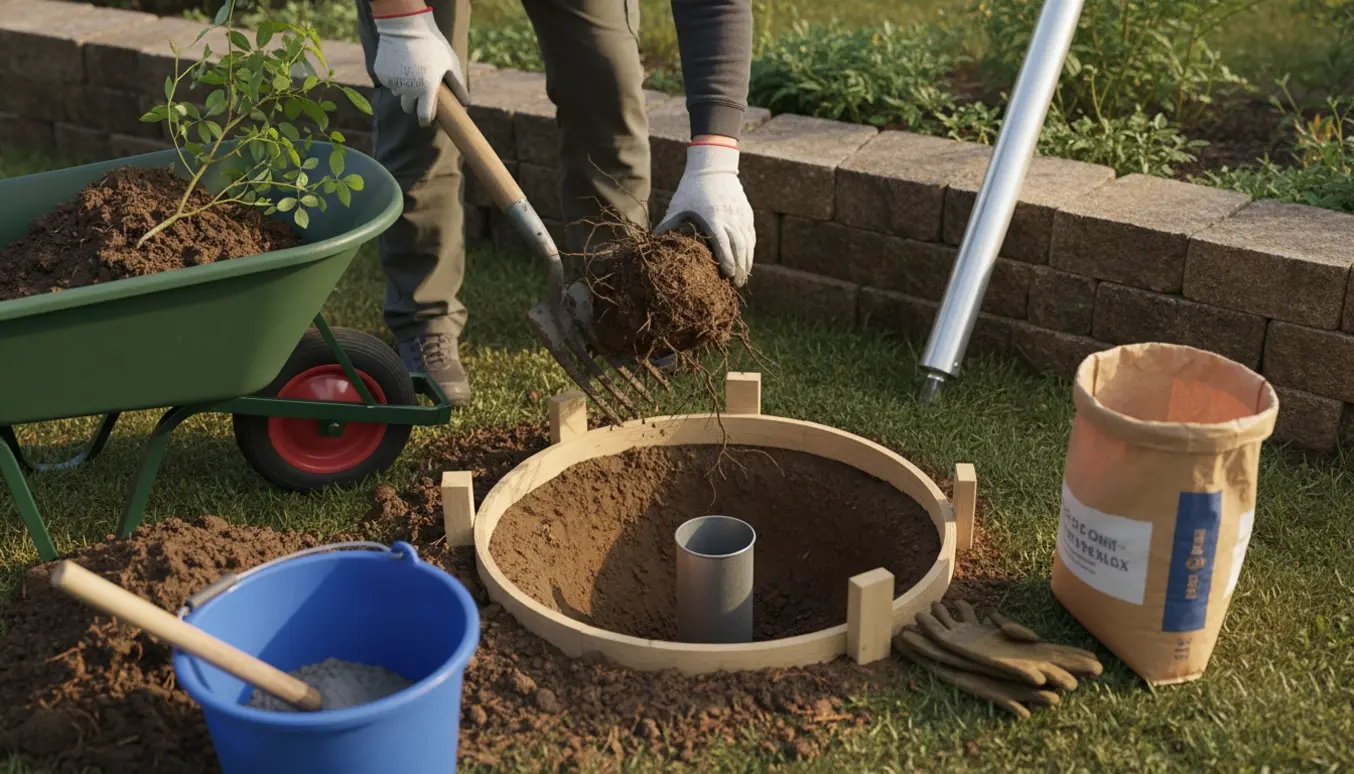 En havearbejder graver en gammel rose op i leret jord og forbereder et betonfundament til en flagstang.