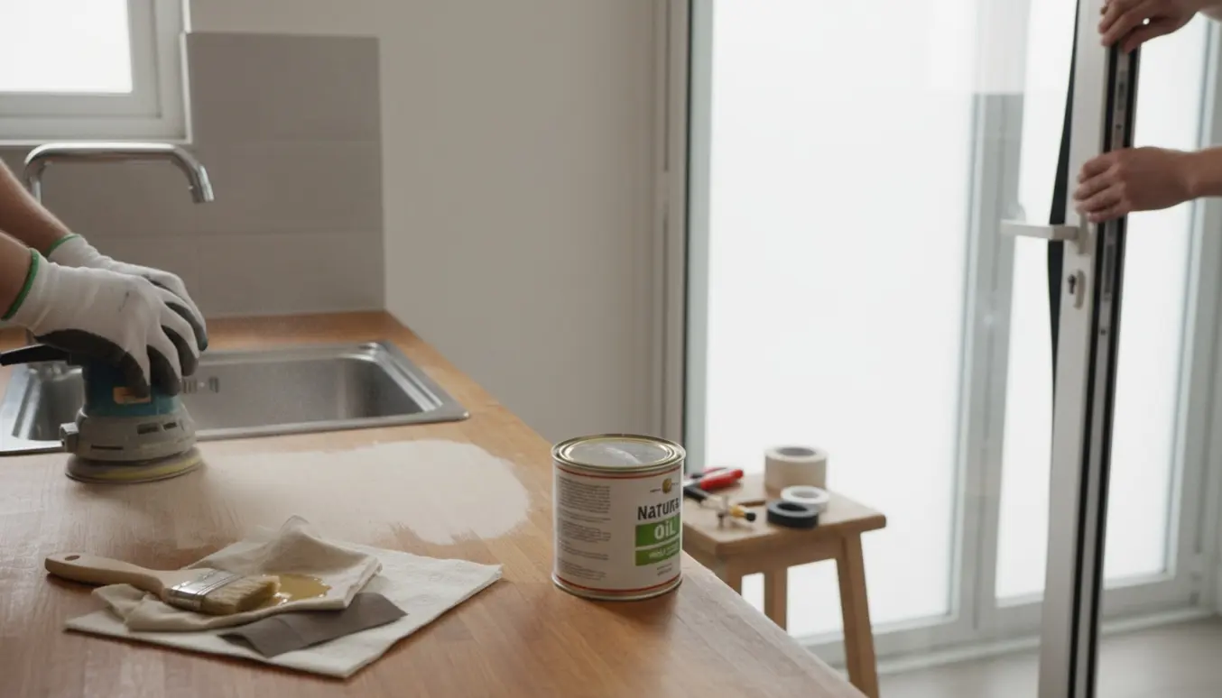 Nærbillede af hænder, der sliber en køkkenbordplade og monterer en gummiliste på en glasdør.