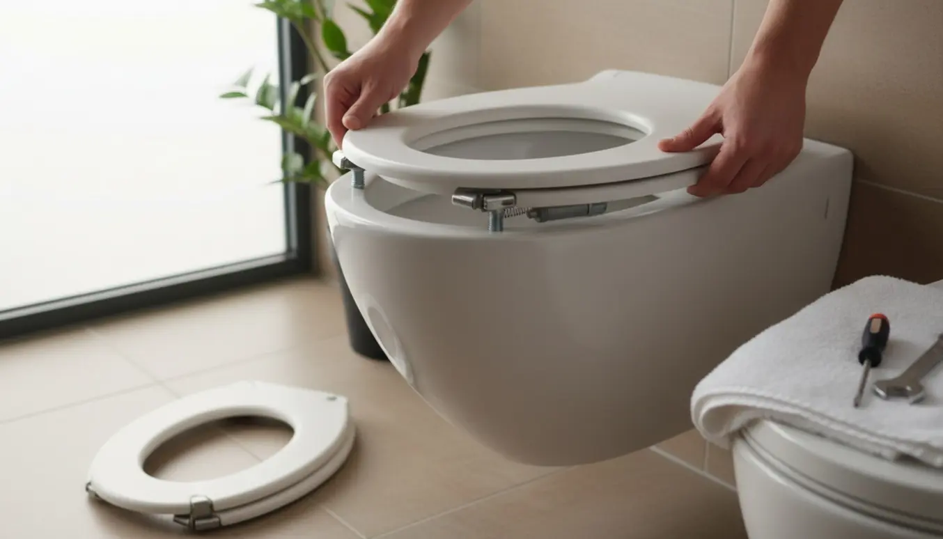 Hænder monterer et nyt soft-close toiletbræt på et hvidt porcelænstoilet, mens det gamle bræt ligger ved siden af.