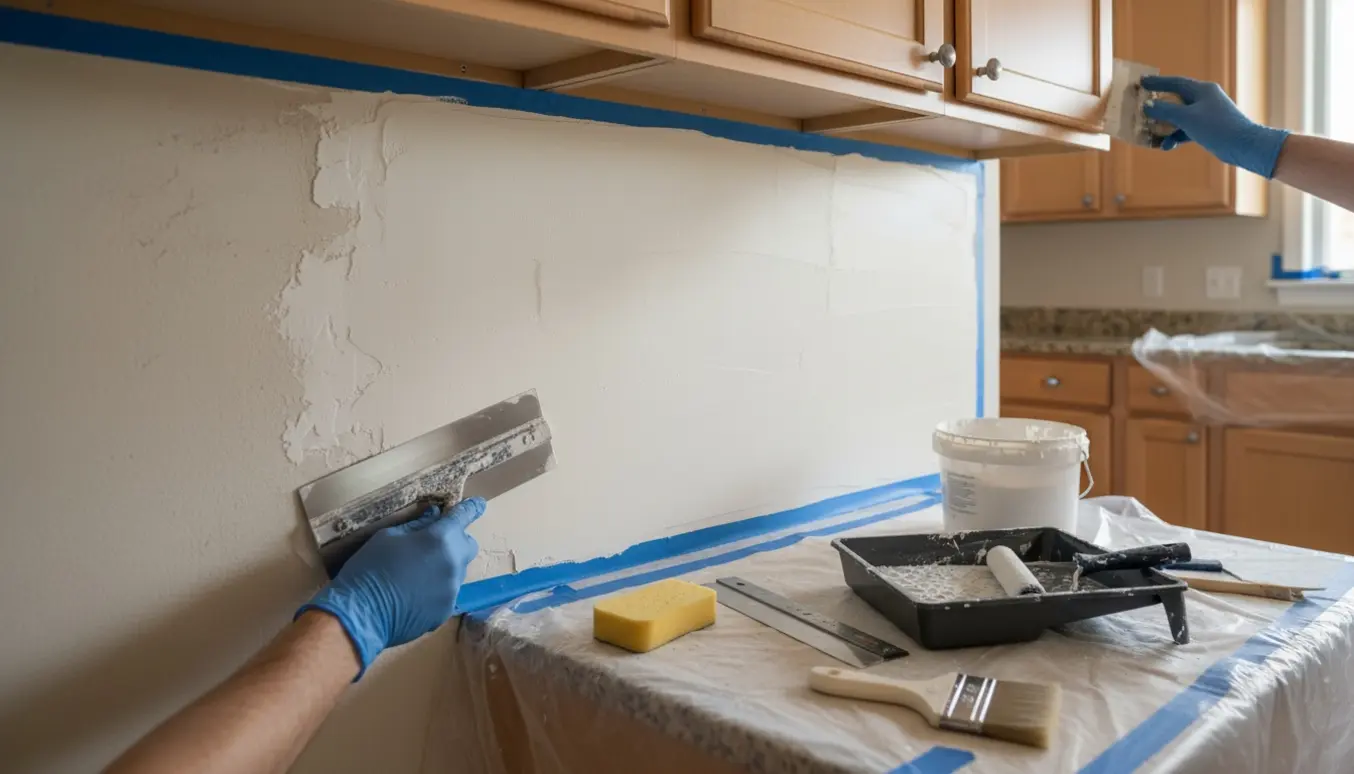 Hænder spartler og finspartler en væg i køkkenet med afdækkede skabe og en pletfri finish.
