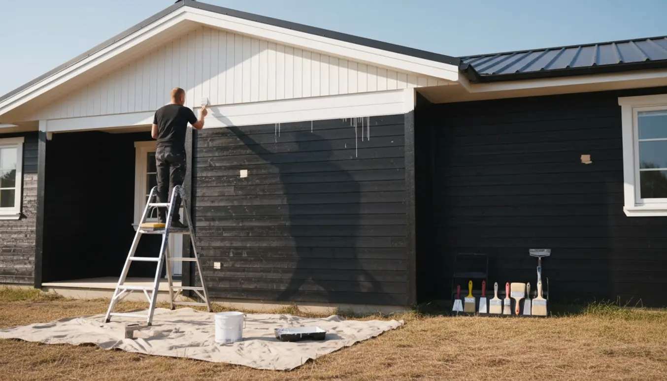 Nærbillede af en person på stige, der maler hvide vindskeder på et sort træhus i solskin med malerredskaber og slebne områder.