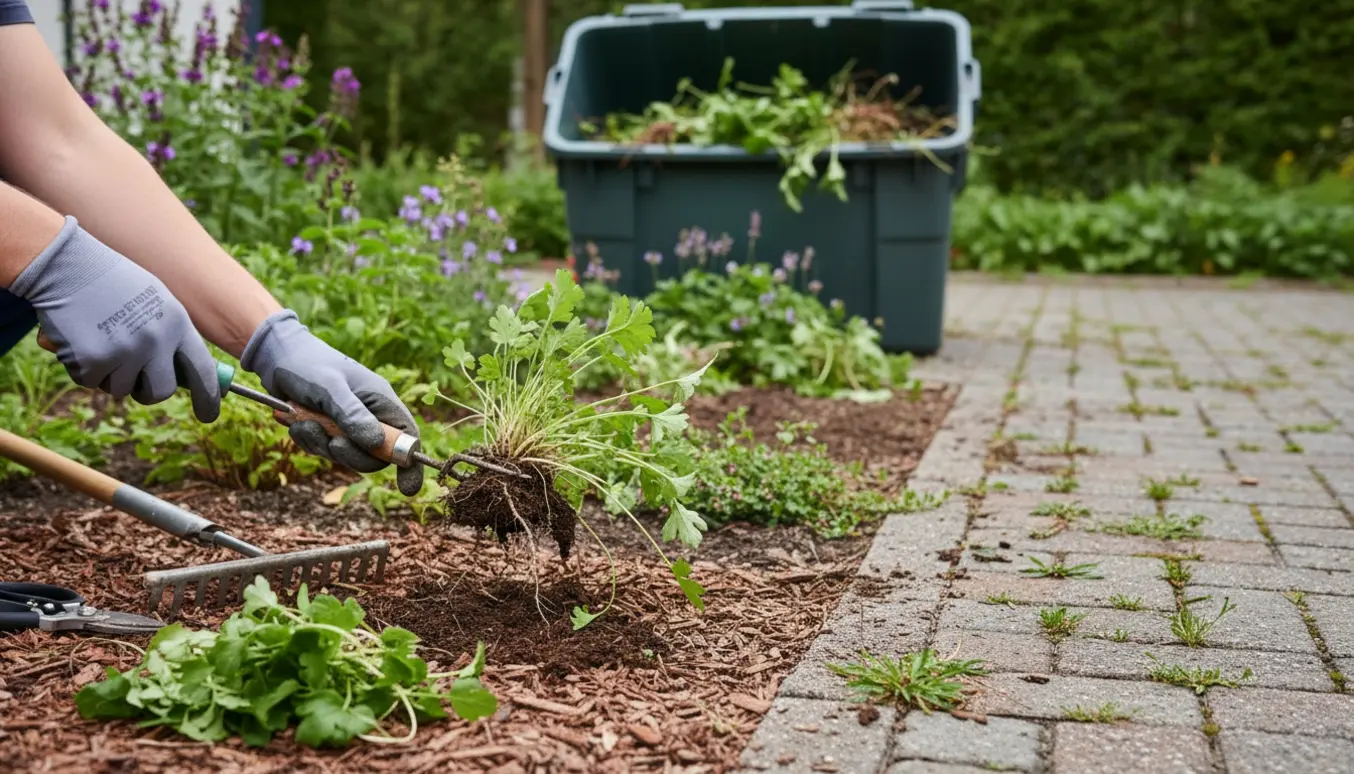 Nærbillede af handsker, der fjerner ukrudt og skvalderkål fra indkørsel og bede med en stor havecontainer i baggrunden.