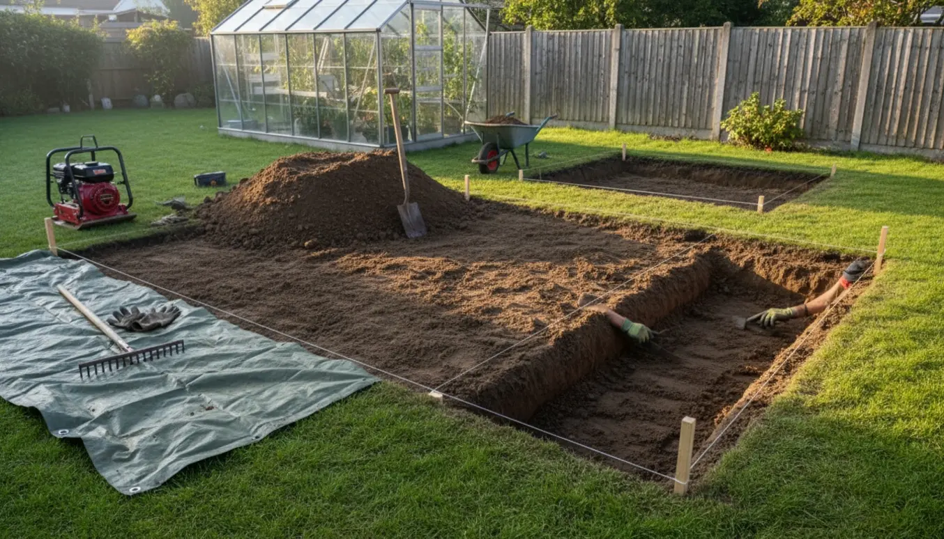 Udgravning i haven ved drivhus og shelter med skovl, trillebør og jordbunke.
