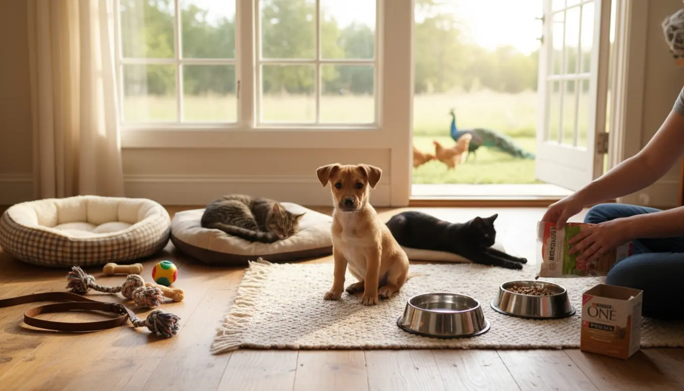 En anonym dyrepasser fodrer en hvalp og to katte i et lyst hjem med udsigt til en have med høns og en påfugl.