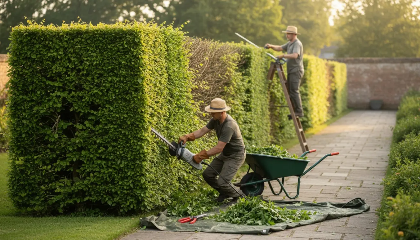 Bøgehæk i haven med nyklippede kanter, haveredskaber og en bunke friske klip.