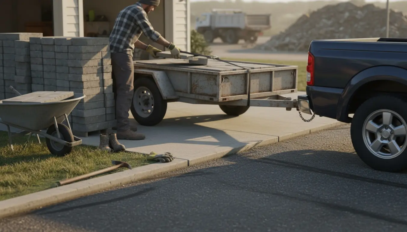 Fliser bliver lastet på en trailer i en indkørsel, mens en hånd spænder en strop.